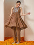 Janasya Women's Brown Georgette Embellished Tiered Kurta With Palazzo Set